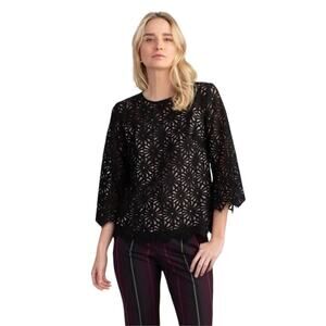 Trina Turk‎ Wilson Black Lace 3/4 Sleeves Blouse Top Black Cream M